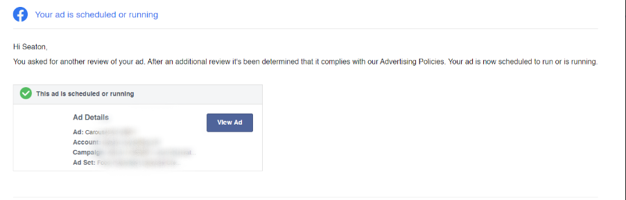 franchise development facebook ad approved after manual review