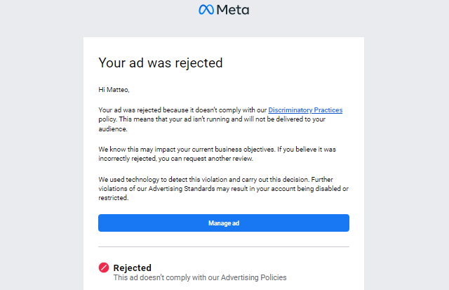 franchise development facebook ad rejected email screenshot